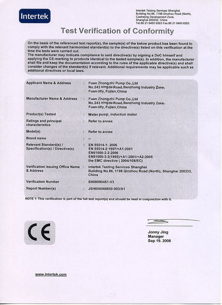 CHINA Fuan Zhongzhi Pump Co., Ltd. Certificações