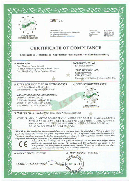 China Fuan Zhongzhi Pump Co., Ltd. Certificações